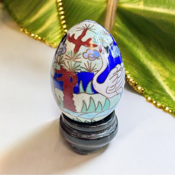 Chinese Cloisonné Enamel Egg & Wooden Stand - Picture 4 of 11